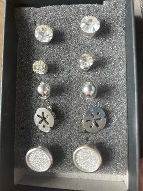 Stud Earring Set Silver Tone Rhinestone Sand Dollar Druzy Ball Minimalist Bundle